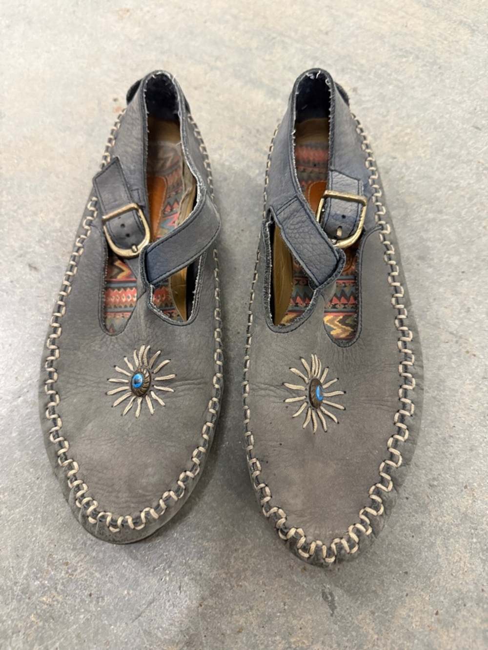 Hush Puppies Gray Leather Mary Jane Loafers with Sunburst Accent